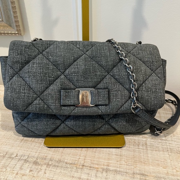 Salvatore Ferragamo Handbags - Ferragamo Vara Navy Blue Quilted Ribbon Chain Shoulder Crossbody Bag 2021 EUC